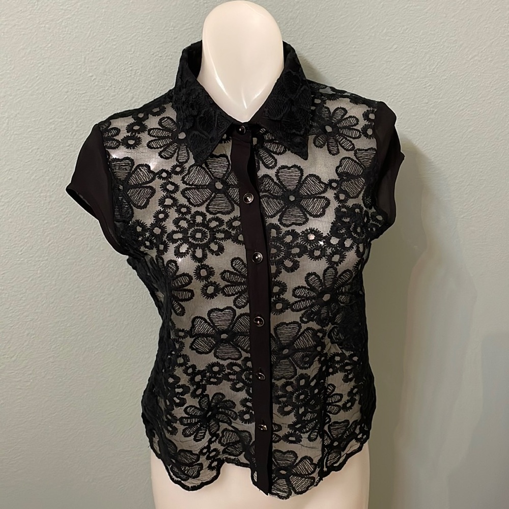 Miss Finch Black Lace Button Down Shirt